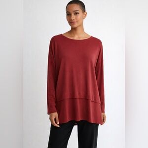 Eileen Fisher 100% Silk Long Sleeve Tunic Top Women’s Red Minimalist Oversized